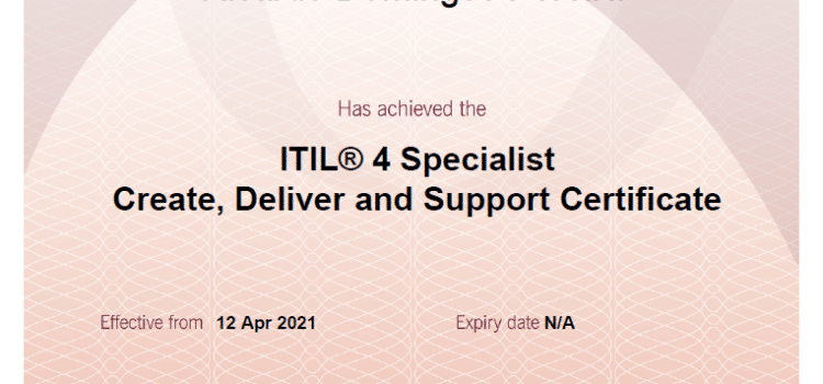 Oficialmente certificado como ITIL 4 Specialist: Create, Deliver and Support